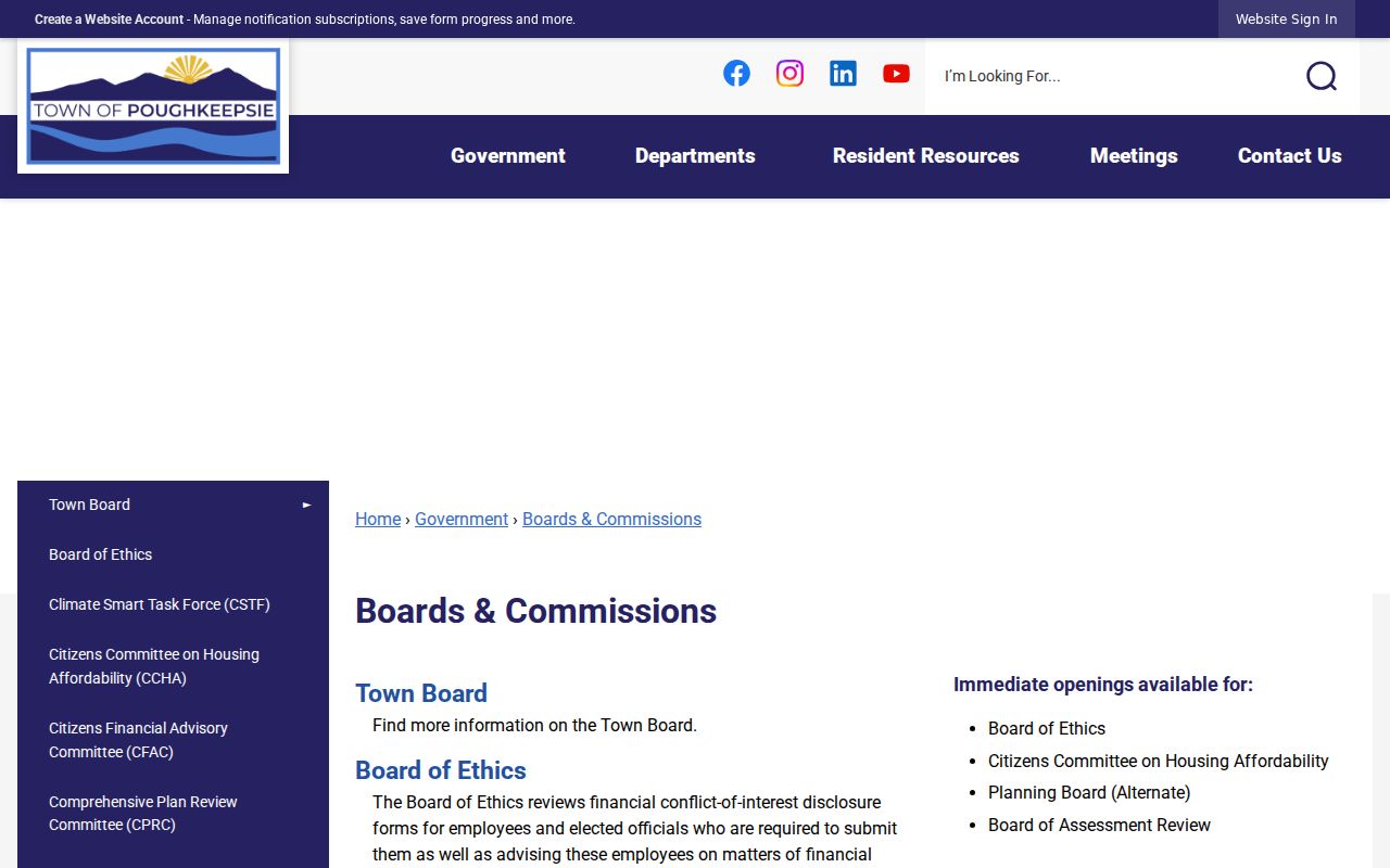 Town of Poughkeepsie neighbors civic source on Town Boards and Commissions page