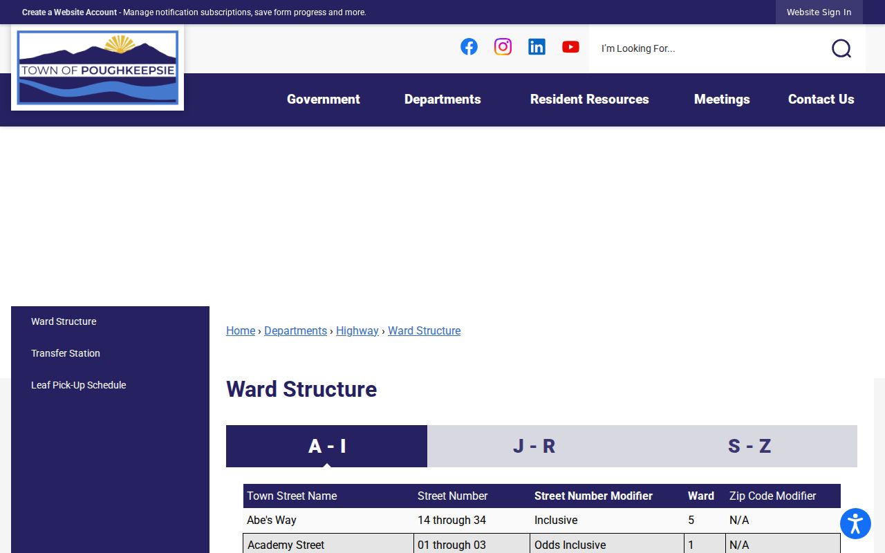 Town of Poughkeepsie ZIP code directory ward and street range table